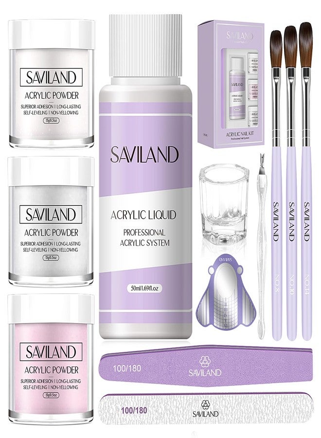 SAVILAND Acrylic Nail Kit Starter Set: Acrylic Nail Kit for Beginners with Everything White Pink Clear Acrylics Powder and Liquid Set #8/10/14 Nail Brush Forms Manicure Tools Home Nail Salon DIY - Image 1